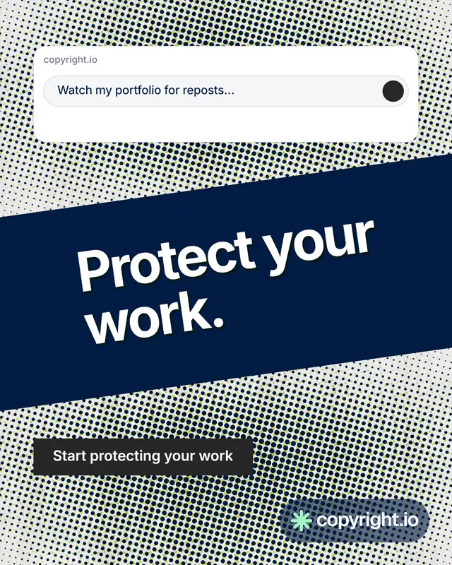 Instagram portrait post for copyright.io: "Protect your work." Swiss style, diagonal layout, light palette in grey, blue, white.