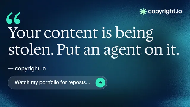 Landscape graphic for copyright.io: "Your content is being stolen." Agentic glass style, quote layout, dark palette in black, blue, teal.