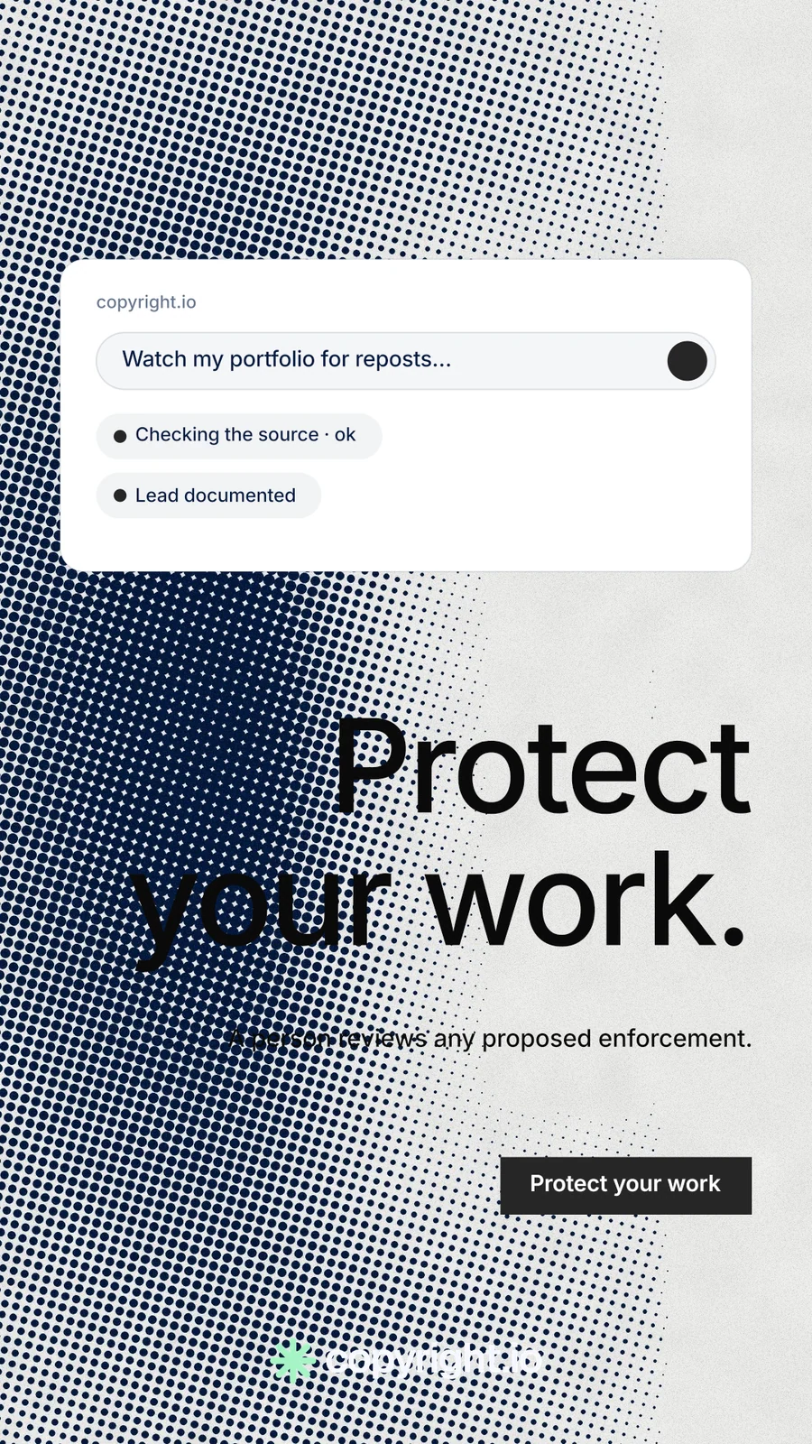 Instagram story for copyright.io: "Protect your work." Swiss style, right layout, light palette in grey, white.