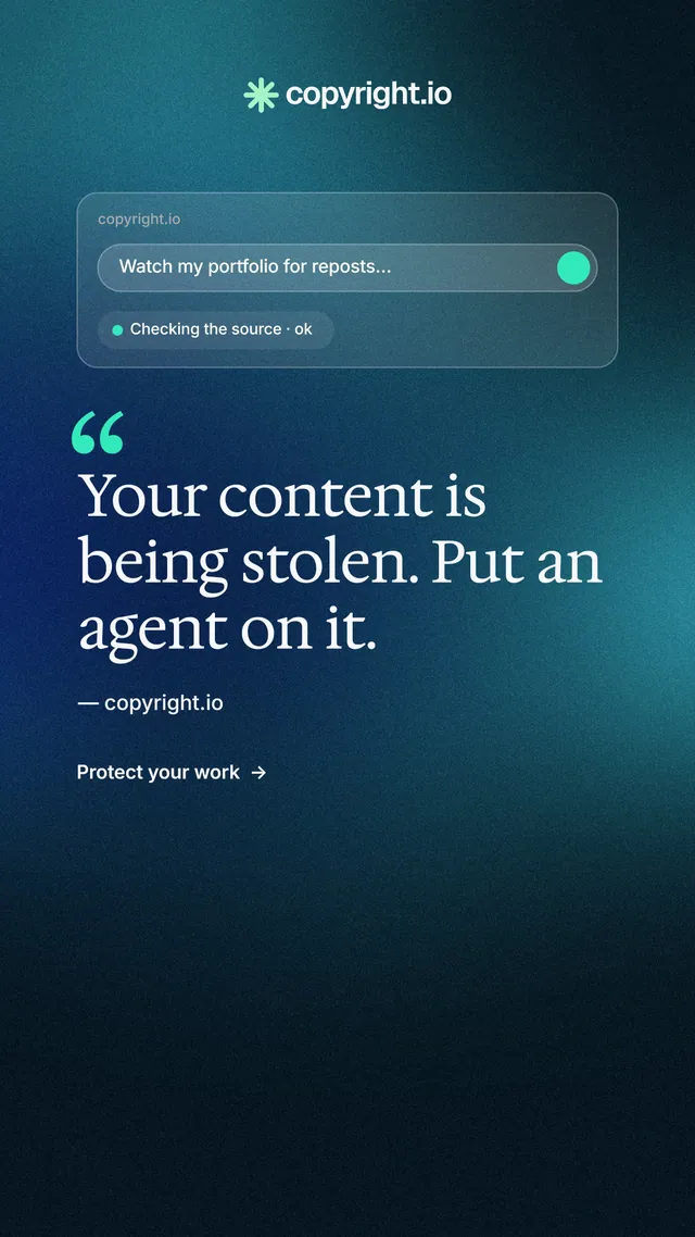 Instagram story for copyright.io: "Protect your work." Minimal luxury style, quote layout, dark palette in black, blue.