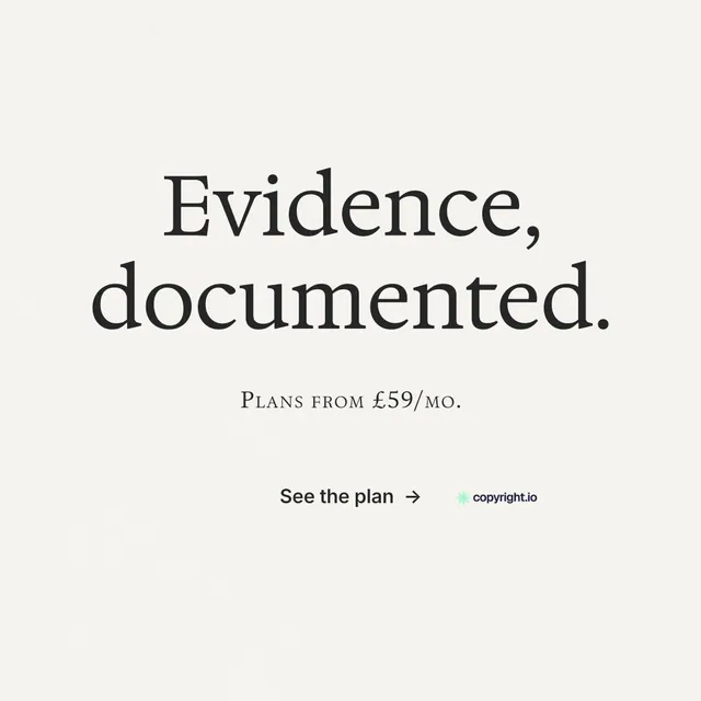 Instagram post for copyright.io: "Evidence, documented." Minimal luxury style, smallcaps layout, light palette in white, grey.
