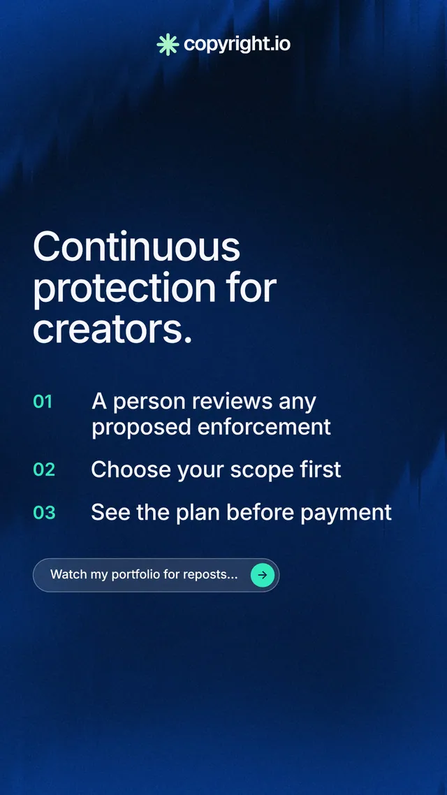 Instagram story for copyright.io: "Continuous protection for creators." Agentic glass style, numbered layout, dark palette in blue, black.