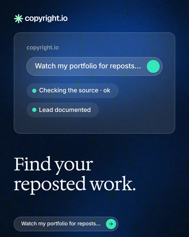 Instagram portrait post for copyright.io: "Find your reposted work." Agentic glass style, bottom layout, dark palette in blue, black.