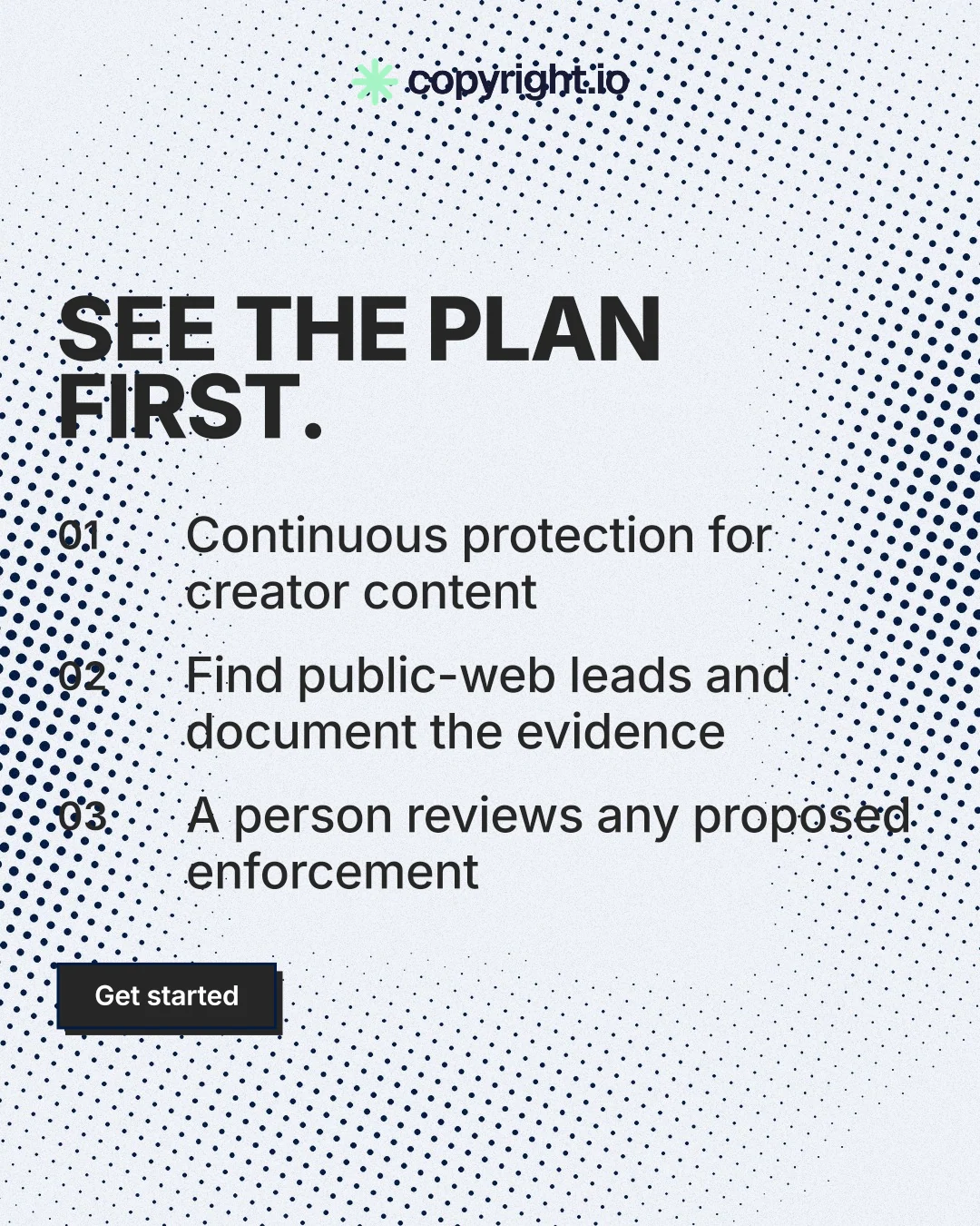 Instagram portrait post for copyright.io: "See the plan first." Brutalist style, numbered layout, light palette in blue, white, grey.