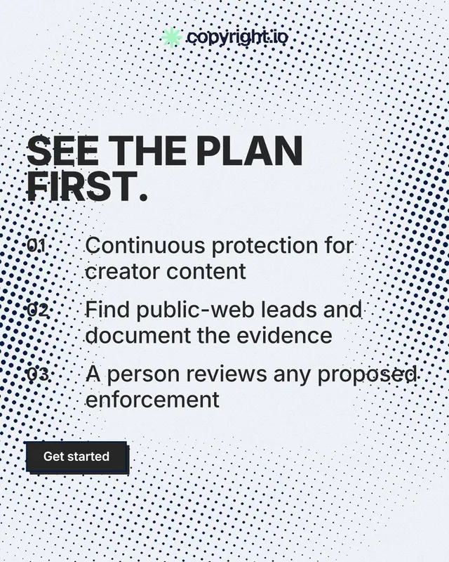 Instagram portrait post for copyright.io: "See the plan first." Brutalist style, numbered layout, light palette in blue, white, grey.