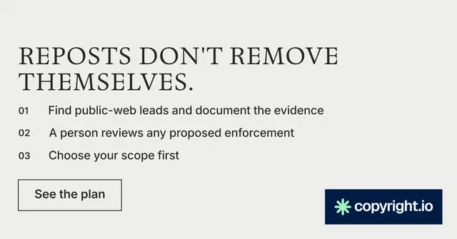 Social ad for copyright.io: "Reposts don't remove themselves." Editorial style, numbered layout, light palette in white, grey.