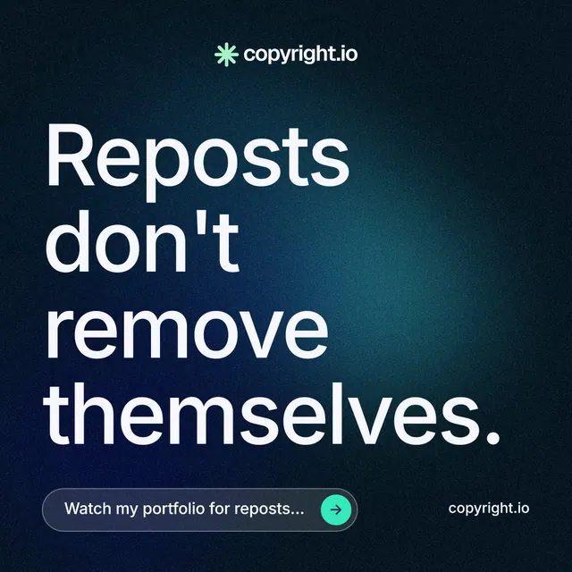 Instagram post for copyright.io: "Reposts don't remove themselves." Agentic glass style, poster layout, dark palette in blue, black, grey.