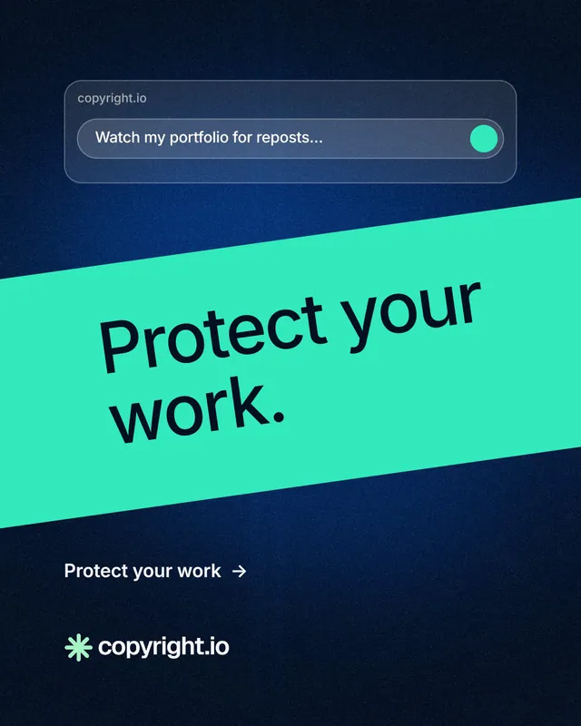 Instagram portrait post for copyright.io: "Protect your work." Minimal luxury style, diagonal layout, dark palette in teal, black, blue.