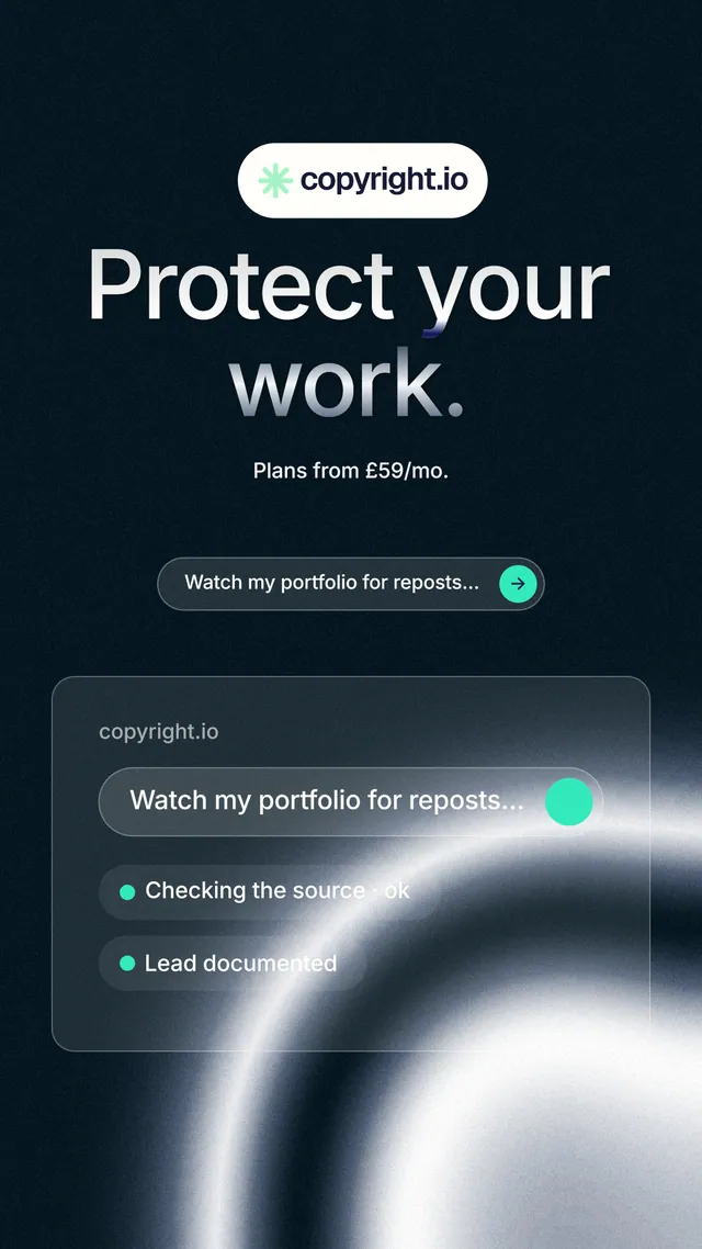 Instagram story for copyright.io: "Protect your work." Agentic glass style, centred layout, dark palette in black, blue, grey.