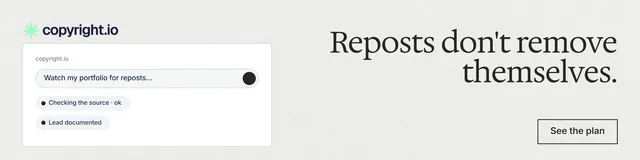 LinkedIn banner for copyright.io: "Reposts don't remove themselves." Editorial style, right layout, light palette in white, grey.