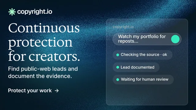 Landscape graphic for copyright.io: "Continuous protection for creators." Minimal luxury style, bottom layout, dark palette in blue, black.