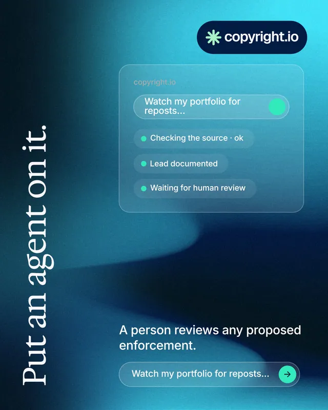 Instagram portrait post for copyright.io: "Put an agent on it." Agentic glass style, vertical layout, dark palette in black, blue, teal.