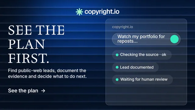 Landscape graphic for copyright.io: "See the plan first." Minimal luxury style, bottom layout, dark palette in blue, black.