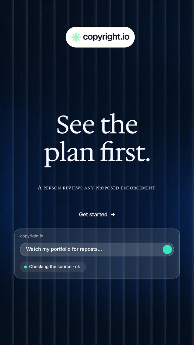 Instagram story for copyright.io: "See the plan first." Agentic glass style, smallcaps layout, dark palette in black, blue.