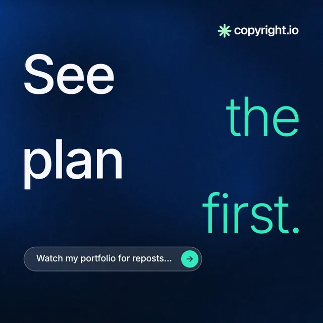 Instagram post for copyright.io: "See the plan first." Agentic glass style, stacked layout, dark palette in blue, black.