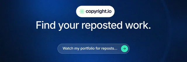 X header for copyright.io: "Find your reposted work." Agentic glass style, centred layout, dark palette in blue.