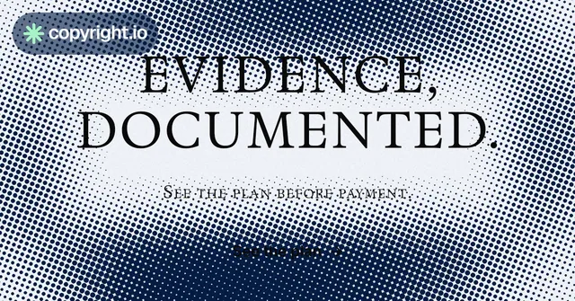 Social ad for copyright.io: "Evidence, documented." Split block style, smallcaps layout, light palette in grey, blue, white.