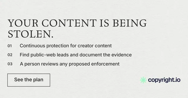 Social ad for copyright.io: "Your content is being stolen." Editorial style, numbered layout, light palette in white, grey.