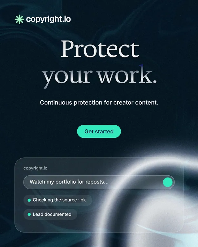 Instagram portrait post for copyright.io: "Protect your work." Y2K style, centred layout, dark palette in black, blue, grey.