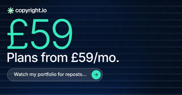 Social ad for copyright.io: "Protect your work." Agentic glass style, stat layout, dark palette in black, teal.