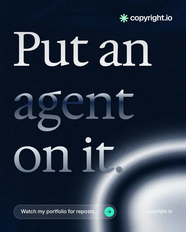 Instagram portrait post for copyright.io: "Put an agent on it." Agentic glass style, poster layout, dark palette in black, grey, blue.