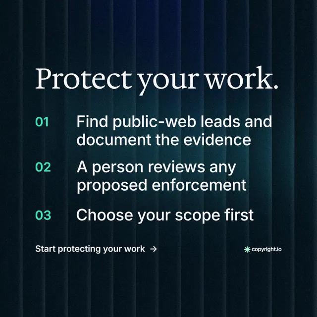 Instagram post for copyright.io: "Protect your work." Minimal luxury style, numbered layout, dark palette in black, blue.