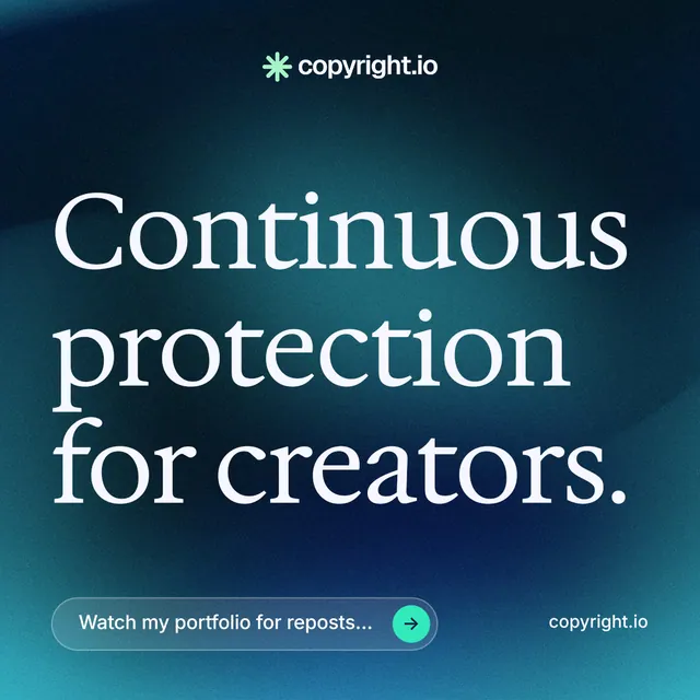 Instagram post for copyright.io: "Continuous protection for creators." Agentic glass style, poster layout, dark palette in blue, black.