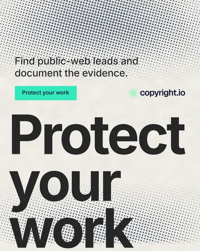 Instagram portrait post for copyright.io: "Continuous protection for creators." Swiss style, oversized layout, light palette in grey, yellow, white.