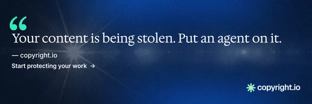 X header for copyright.io: "Find your reposted work." Minimal luxury style, quote layout, dark palette in blue.