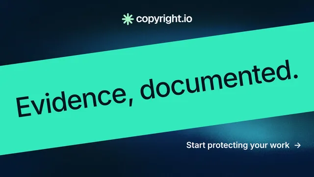 Landscape graphic for copyright.io: "Evidence, documented." Minimal luxury style, diagonal layout, dark palette in teal, black, blue.