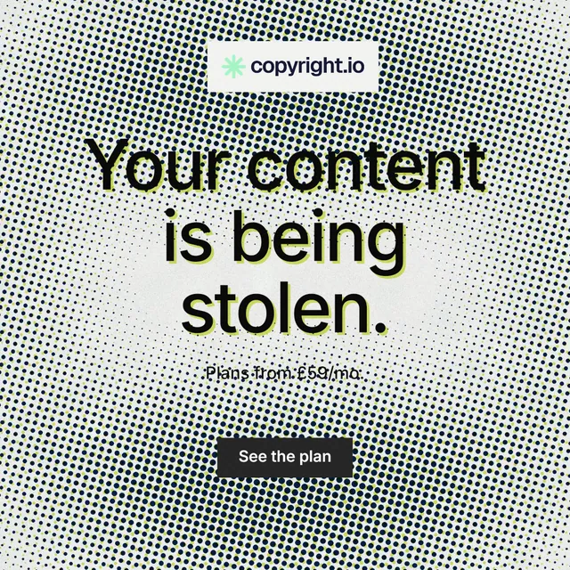 Instagram post for copyright.io: "Your content is being stolen." Retro print style, centred layout, light palette in grey, white.