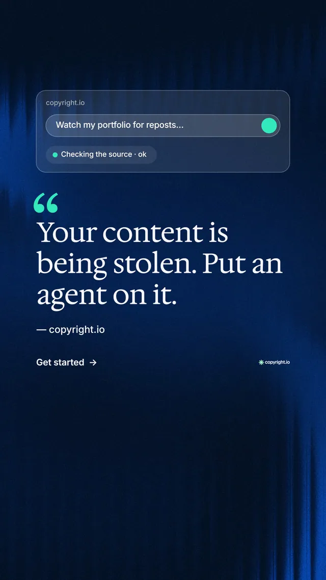 Instagram story for copyright.io: "Reposts don't remove themselves." Minimal luxury style, quote layout, dark palette in blue, black.