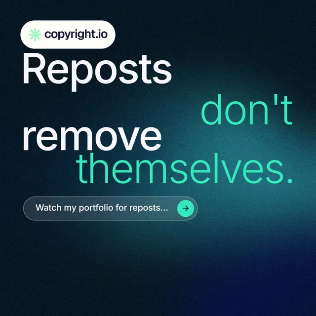 Instagram post for copyright.io: "Reposts don't remove themselves." Agentic glass style, stacked layout, dark palette in black, blue, teal.
