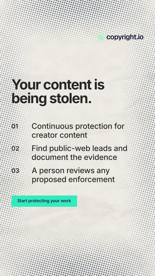 Instagram story for copyright.io: "Your content is being stolen." Swiss style, numbered layout, light palette in yellow, white, grey.
