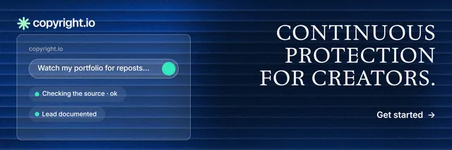 X header for copyright.io: "Continuous protection for creators." Minimal luxury style, right layout, dark palette in black, blue.