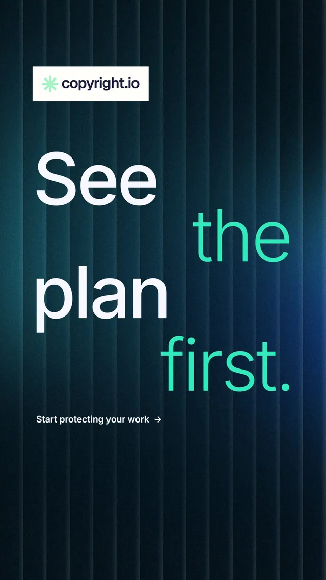 Instagram story for copyright.io: "See the plan first." Minimal luxury style, stacked layout, dark palette in black, blue, grey.