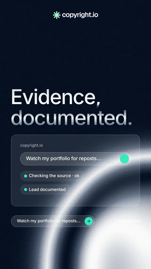 Instagram story for copyright.io: "Evidence, documented." Agentic glass style, poster layout, dark palette in black, blue, grey.
