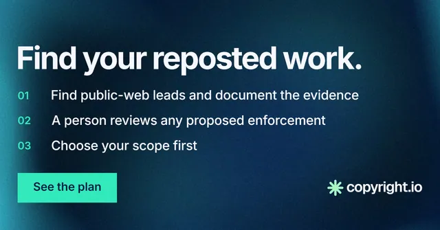 Social ad for copyright.io: "Find your reposted work." Swiss style, numbered layout, dark palette in blue, black, teal.