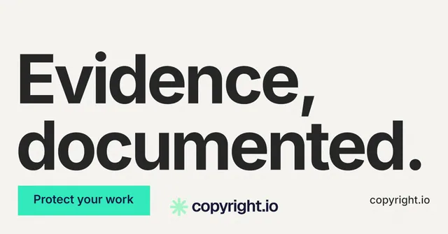 Social ad for copyright.io: "Evidence, documented." Swiss style, poster layout, light palette in white, grey.