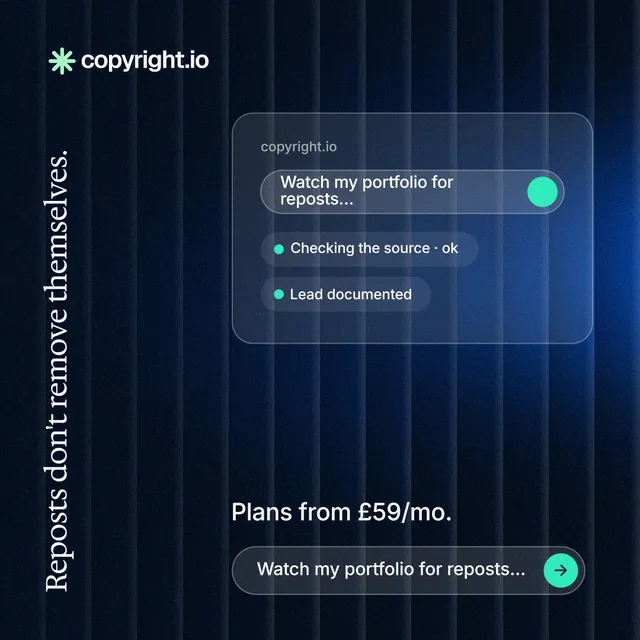 Instagram post for copyright.io: "Reposts don't remove themselves." Agentic glass style, vertical layout, dark palette in black, blue.