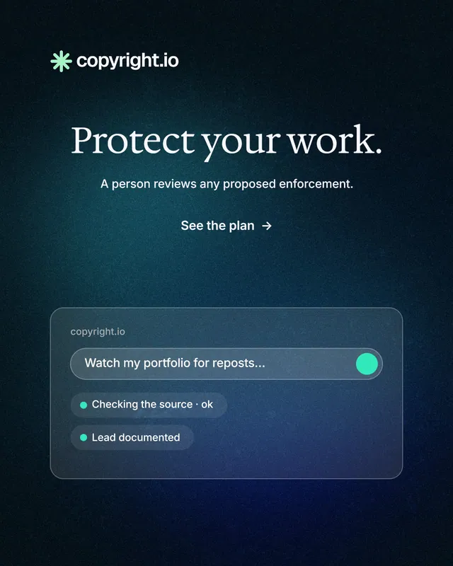 Instagram portrait post for copyright.io: "Protect your work." Minimal luxury style, centred layout, dark palette in blue, black.