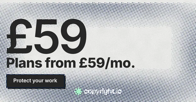 Social ad for copyright.io: "Evidence, documented." Brutalist style, stat layout, light palette in grey, white.