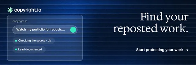 X header for copyright.io: "Find your reposted work." Minimal luxury style, right layout, dark palette in blue, black.
