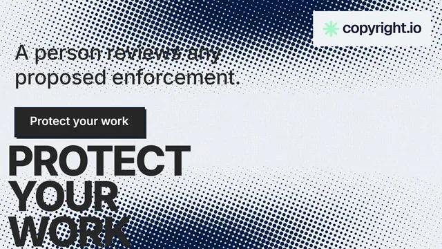 Landscape graphic for copyright.io: "Protect your work." Brutalist style, oversized layout, light palette in grey, blue, white.