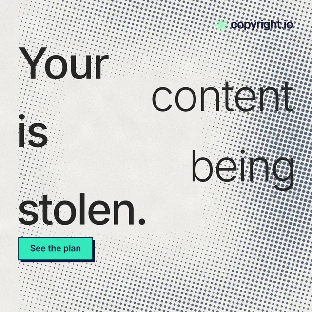 Instagram post for copyright.io: "Your content is being stolen." Brutalist style, stacked layout, light palette in white, grey.