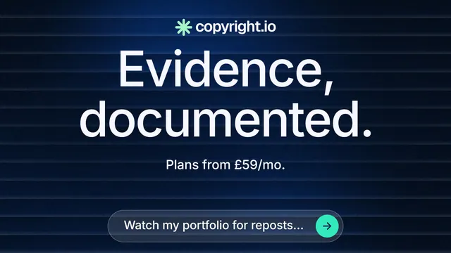 Landscape graphic for copyright.io: "Evidence, documented." Agentic glass style, centred layout, dark palette in black, blue, grey.