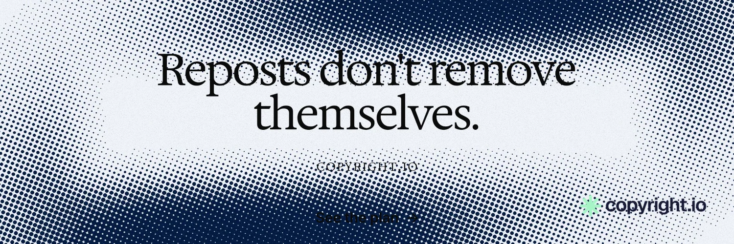 X header for copyright.io: "Reposts don't remove themselves." Swiss style, smallcaps layout, light palette in grey, blue, white.