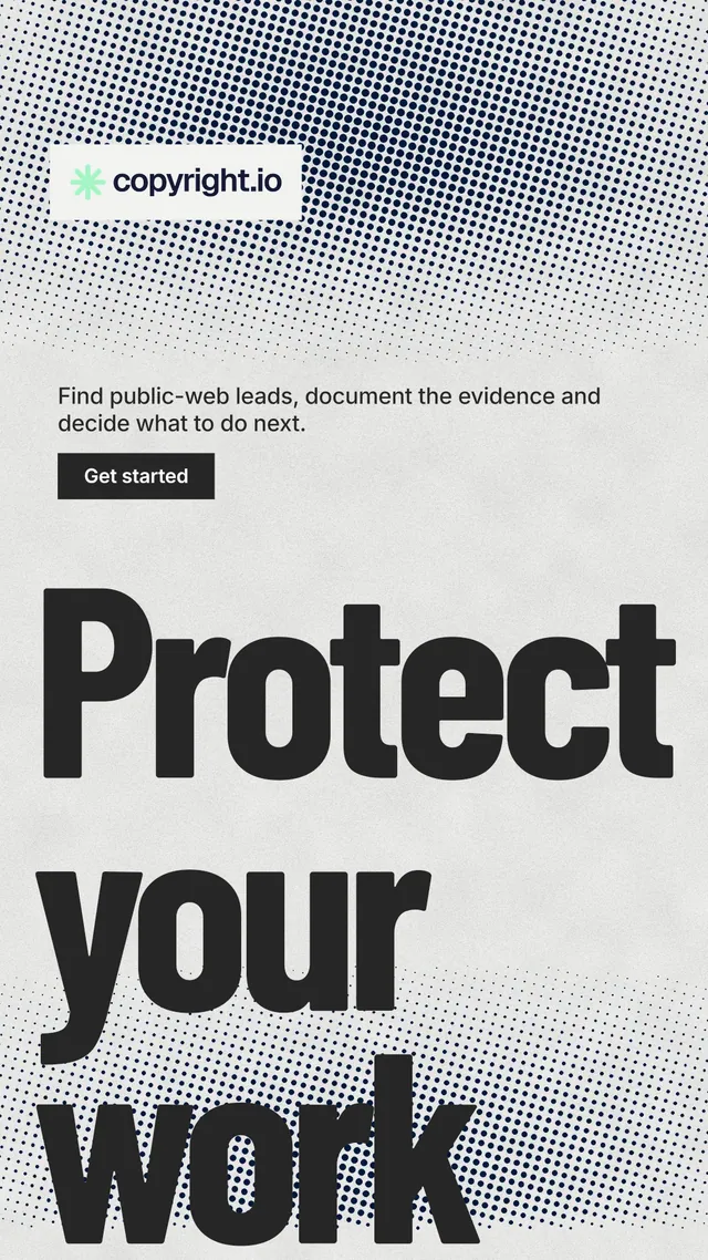 Instagram story for copyright.io: "See the plan first." Retro print style, oversized layout, light palette in grey, white.
