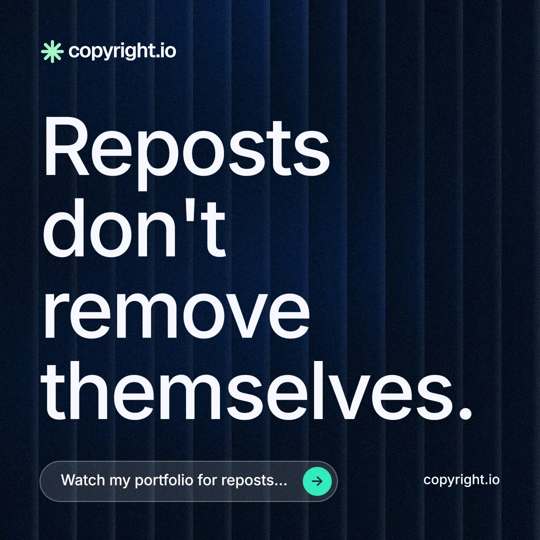Instagram post for copyright.io: "Reposts don't remove themselves." Agentic glass style, poster layout, dark palette in black, grey.