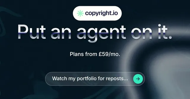 Social ad for copyright.io: "Put an agent on it." Agentic glass style, centred layout, dark palette in black, grey, blue.